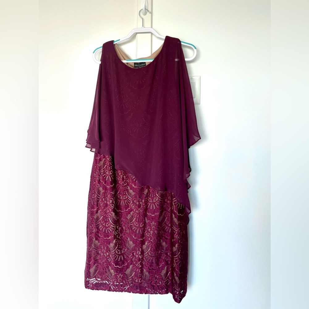 Connected Apparel Bordeaux and Gold Lace Cape Cocktail Dress